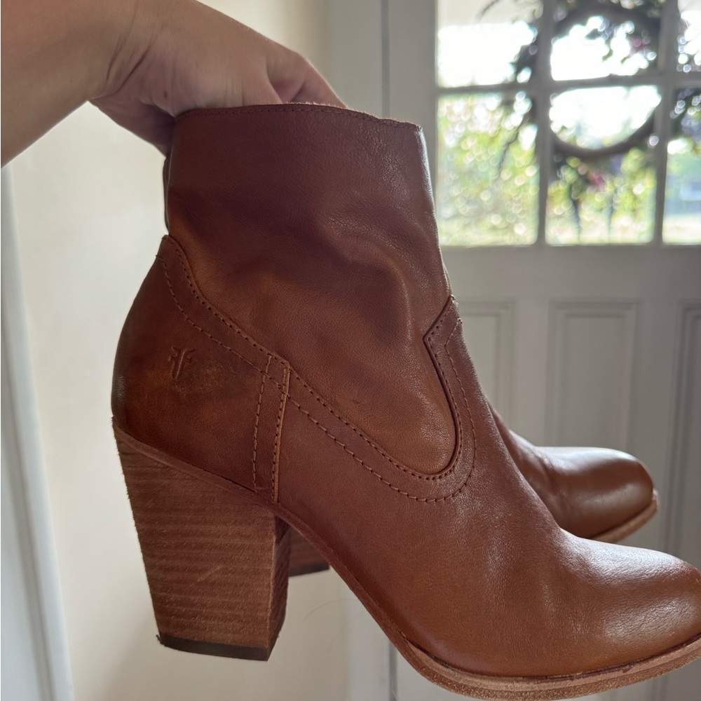 Frye Brown Heeled Boots with Stacked Wooden Heel